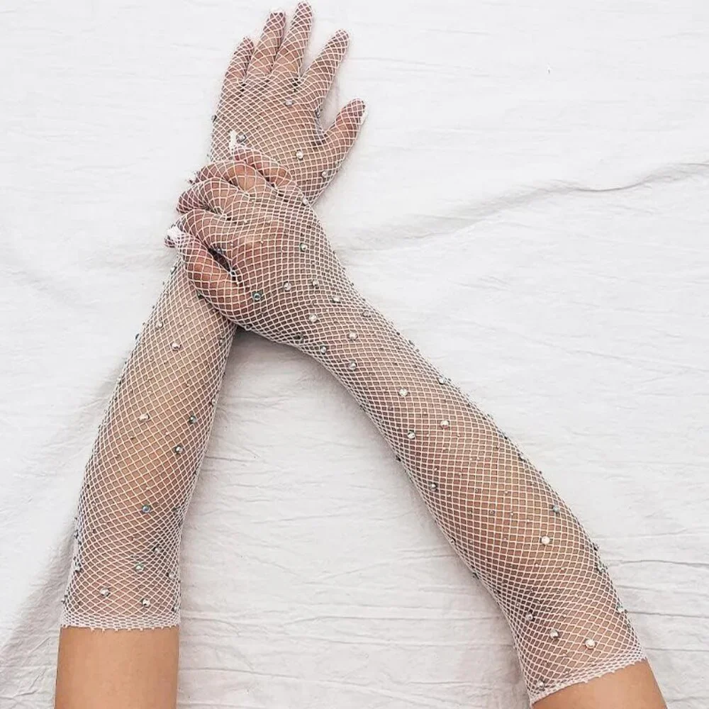 Women's A-Mesh-‌White Rhinestone Sparkly Elbow Length Gloves Halloween Costumes